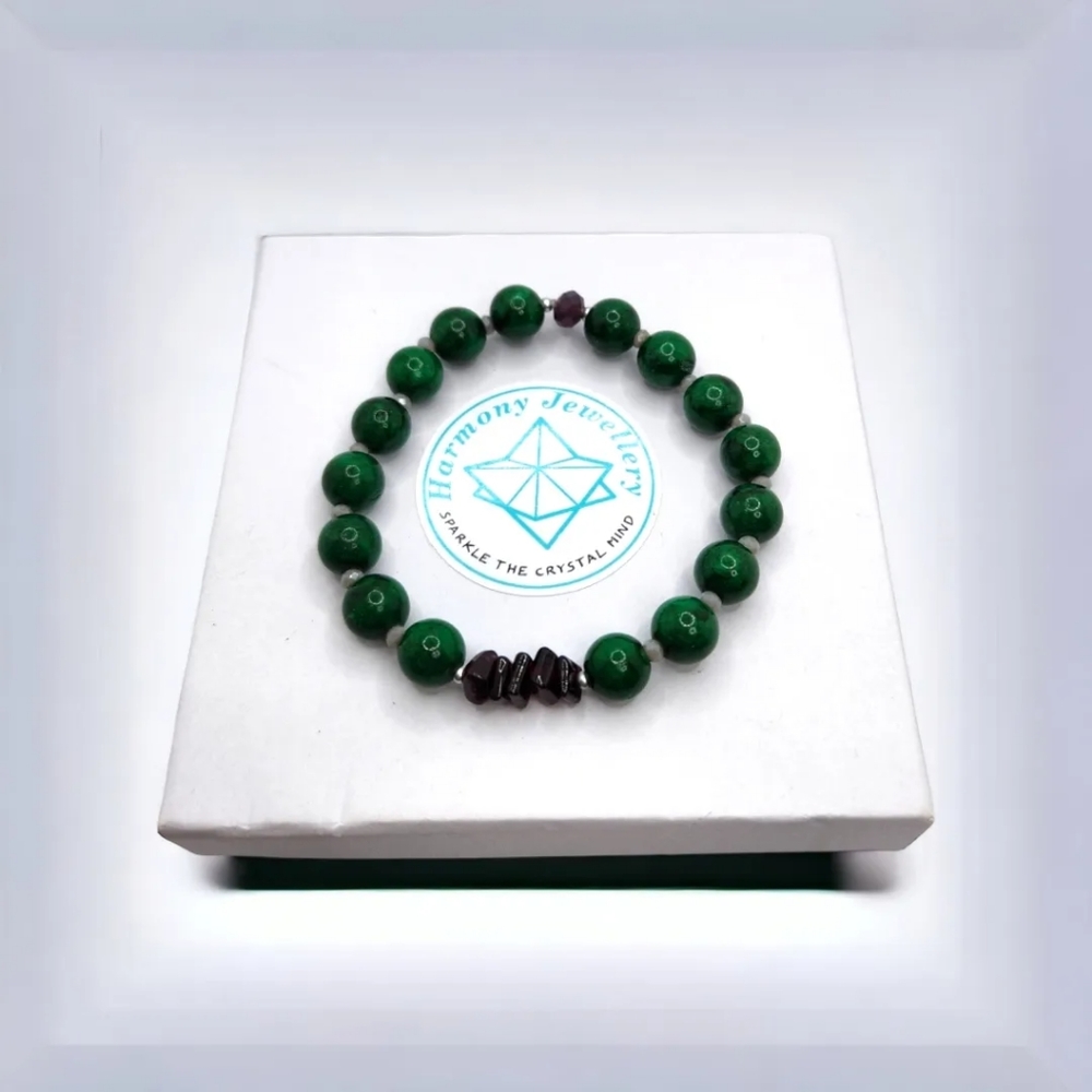 Quartzite Malachite, Garnet bracelet 8 mm